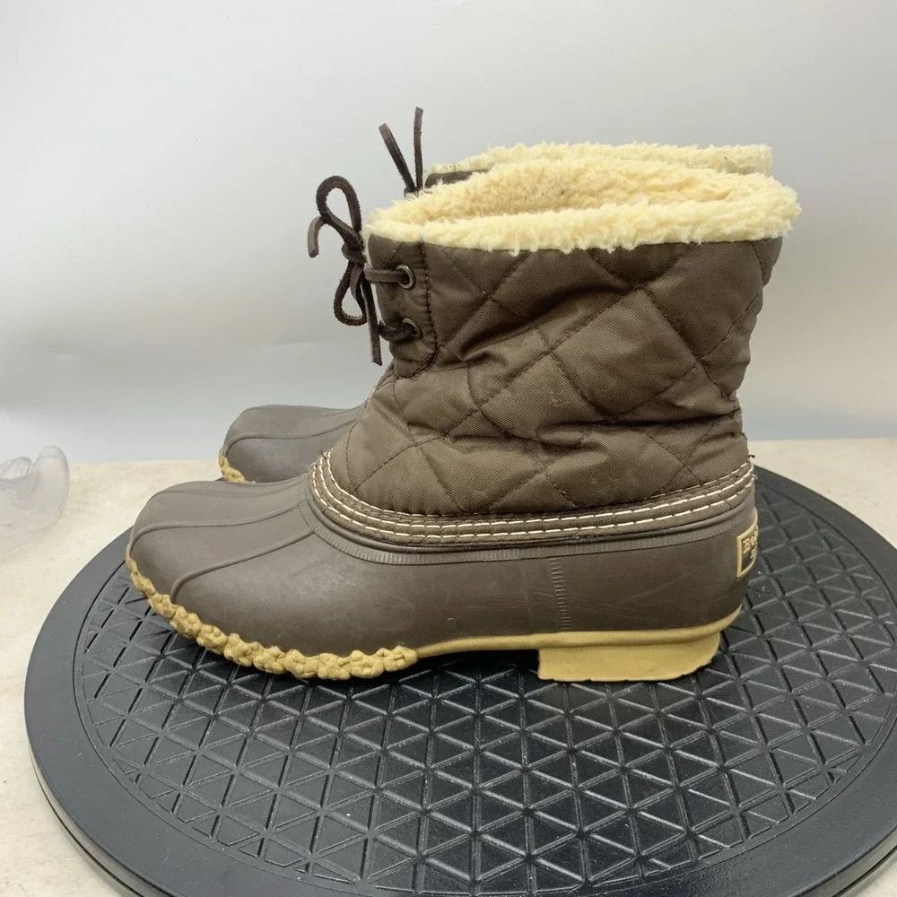 LL Bean Boots Women Size 7 Shoes Brown Quilted‎ Nylon Rubber Shearling Fleece